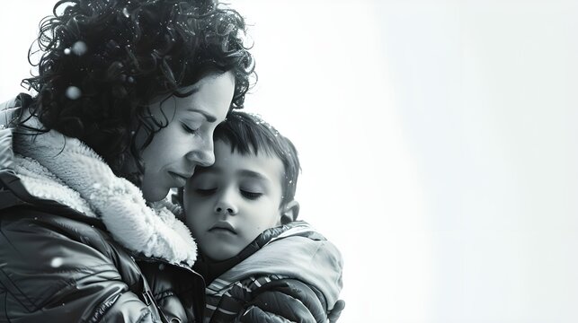 Portrait of  young mother and son against white background, Portrait of a teenage boy and his mother Ai generated 