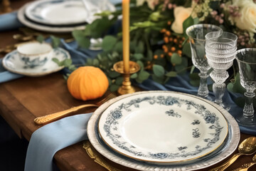 Obraz na płótnie Canvas Formal holiday tablescape with blue decor, dinner table setting, table scape with elegant tableware and dinnerware for wedding party and event, generative ai