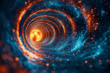 This mesmerizing image features a digital swirl tunnel with a golden core, evoking concepts of energy, motion, and futuristic design