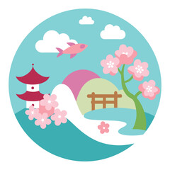 A serene tshirt sticker design capturing the tranquility of a Japanese garden in springtime