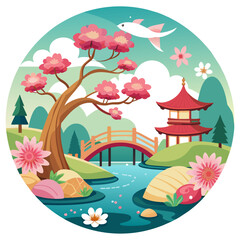 A serene tshirt sticker design capturing the tranquility of a Japanese garden in springtime
