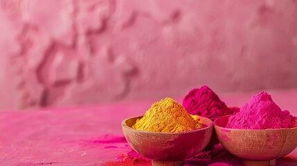 vibrant colors of gulal powder in wooden bowls against a pink background. The gulal powder is in three colors - yellow, pink, and magenta.