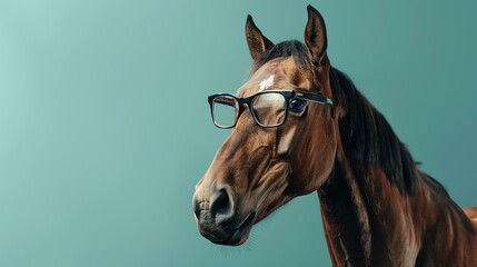 A close-up of a horse wearing horn-rimmed glasses. The horse is looking to the side with a curious expression on its face.