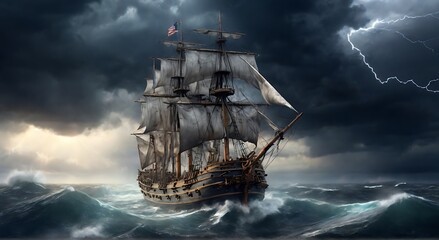 Fototapeta premium ancient warships sailing in bad weather, cloudy clouds and lightning, made with AI generative