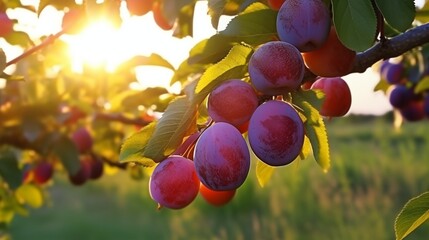 Ripe plums on a tree branch in the garden at sunset, A branch with natural plums on a blurred background of a plum orchard at golden hour.