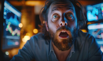 Trader's facial expression, fear while looking at the crypto market in his computer