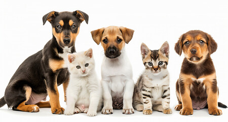 Gatos e cachorros em fila em um fundo branco, no estilo arte publicitária