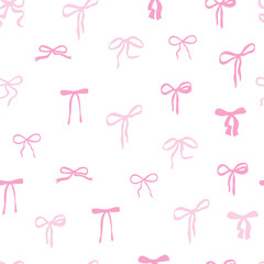 Pink bow. Cute seamless pattern. Elegant coquette hand drawn ribbon 