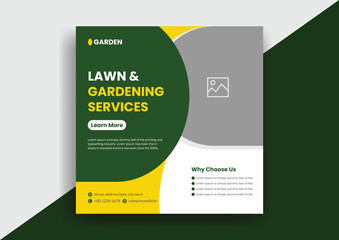 Lawn Mower Garden or Landscaping Service Social Media Post and Web Banner Template Design