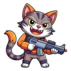 Mischievous cat wielding a comically oversized gun, complete with a playful expression on its face, suitable for a t-shirt or sticker