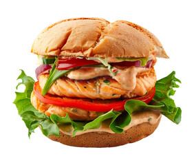 Salmon burger with red pepper mayo on transparent background