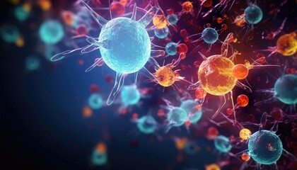 A digital artwork of multi-colored virus particles, resembling a microscopic biological scene.