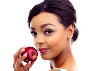 Woman, portrait and apples for wellness, health and natural diet with detox in studio....