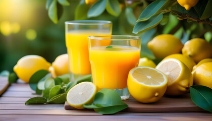 A glass of lemon juice with lemons and a lemon tree in the background on a rustic wooden surface