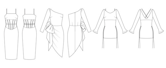 Vector set of technical drawings of fashion dresses