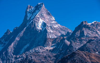 Landscape view of Mount Machhapuchhre range in Nepal.