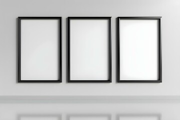 Three black frames mockup displayed on a white wall in a modern D render. Concept Interior Design, Wall Decor, Modern Aesthetic, 3D Rendering