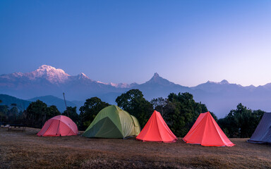 Sunrise over the mountain Machhapuchhre range in Nepal.