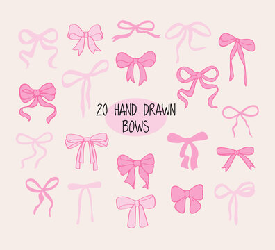 Pink bow ribbon set. Hand drawn doodle. Flat simple bow icons