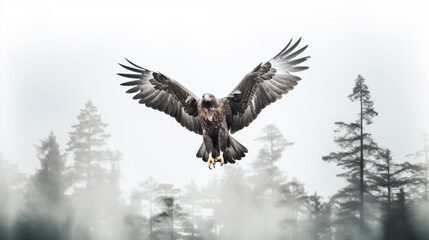 Obraz premium Double Exposure, white background, Eagle in front of a forest ~ Created using Generative AI
