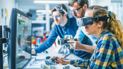 Engineers with VR headset and equipment in high-tech laboratory