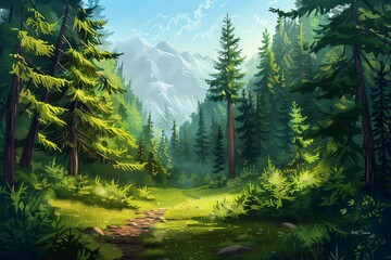 serene fir forest landscape with lush green trees and natural scenery digital painting