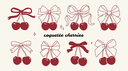 Coquette cherries with gift bow. Cherries with ribbon. Cute trendy line art set