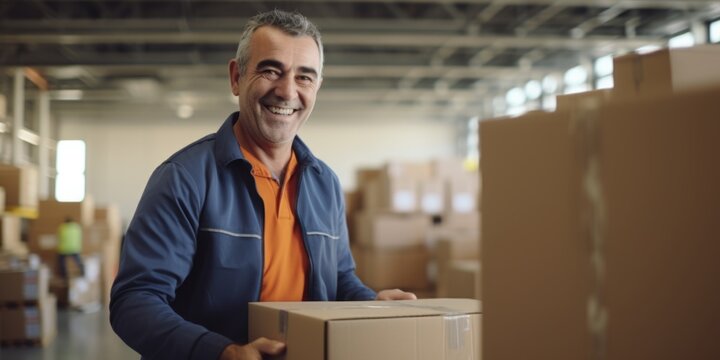 A middle-aged man working in a warehouse sending parcels with boxes. Generative AI.