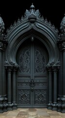 A large black door with ornate carvings on it, AI