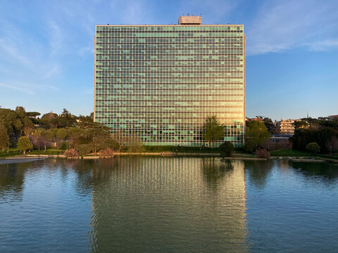 Italy, Rome - April 07, 2024: headquarters Eni oil and gas company in evening during sunset