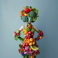 Naklejka na ściany i meble Figure of a girl made from vegetables and fruits, promotion of healthy eating, Generative AI.