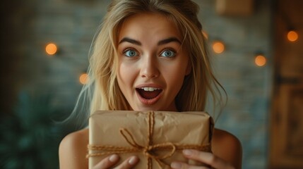 A person opening a gift and reacting with wide-eyed surprise. AI generate illustration