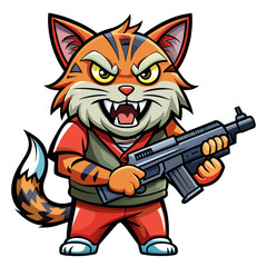 Humorous vector illustration of a cat holding a cartoonish firearm, with exaggerated features and bold colors, perfect for printing on t-shirts or stickers