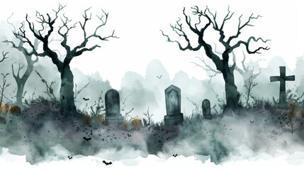 Eerie Misty Graveyard Scene with Crooked Tombstones Generative AI