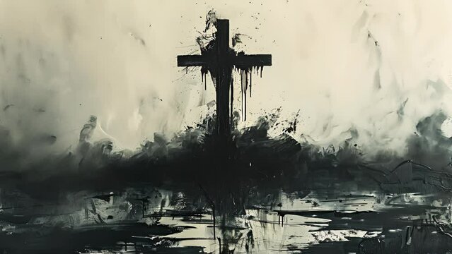A black and white painting of a cross with a lot of paint splatters on it. The painting has a dark and moody atmosphere, with the cross appearing to be in a stormy sea