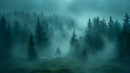 Eerie misty forest at night with spooky trees and mysterious light. Concept Spooky Forest, Night Photography, Misty Atmosphere, Mysterious Light