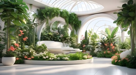 3D picture of a futuristic indoor botanical garden with lush summer vegetation and flowers