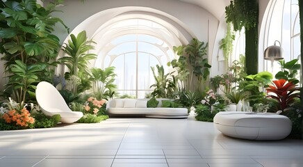 3D picture of a futuristic indoor botanical garden with lush summer vegetation and flowers