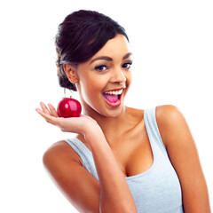 Woman, portrait and apple in studio with smile for organic diet, wellness and natural food....