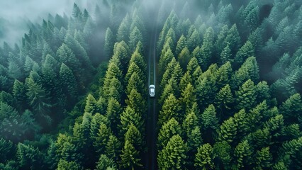 Obraz na płótnie Canvas Aerial shot of white car driving through lush green pine forest. Concept Automotive Photography, Aerial View, Nature Landscape, Car Driving, Green Pine Forest