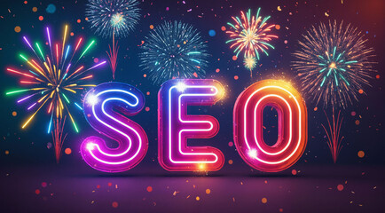 Neon word SEO glowing, surrounded by fireworks on solid dark background showing search optimization engine success of website, blog, shop in internet business ranking