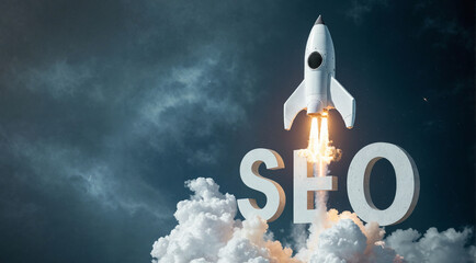 Rocket going up with smoke on solid dark background showing SEO text or search optimization engine success of website, blog, shop in internet business ranking