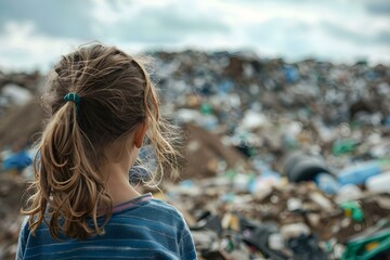 Child looking at landfill with curiosity facing away from camera. Concept Environmental awareness, Child curiosity, Landfill exploration, Facing away perspective, Waste management