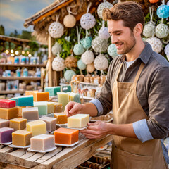 A young man merchant at a farmer's market stall with handmade soap bars in eye-catching hues