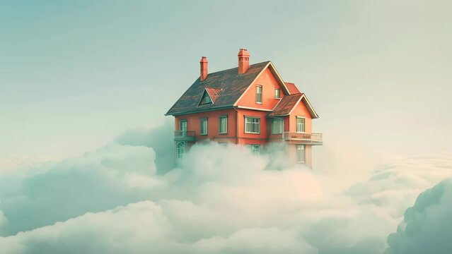 A house is floating in the sky with clouds surrounding it. The house is small and red, and it is a dreamlike or surreal scene. The clouds and the house seem to be floating together