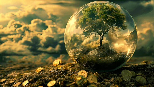 A tree is inside a glass bubble with a lot of gold coins on the ground. The bubble is surrounded by clouds, giving the image a dreamy and whimsical feel