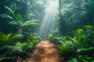 Mystical pathway to hidden waterfall in amazon rainforest - obrazy, fototapety, plakaty