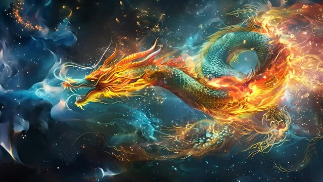 A dragon is flying through the sky with flames coming out of its mouth. The dragon is surrounded by a blue and purple sky, giving the image a dreamy and mystical feel