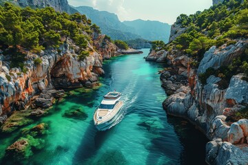 The clear turquoise waters and the rocky edges of the canyon provide a perfect escape for the yacht...