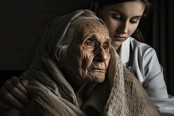 A young granddaughter takes care of an elderly grandmother. Taking care of the older generation.